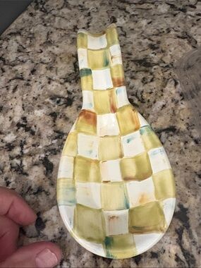 MacKenzie-Childs parchment Yellow and Cream Checkered Ceramic Spoon Rest